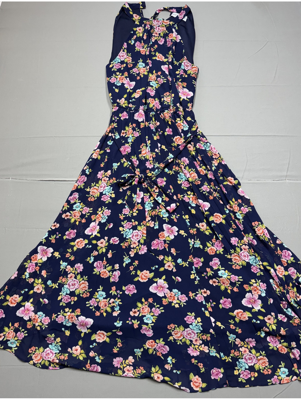 Emma & Michele Women Floral Maxi Dress Navy Blue Halter Chiffon Size Large